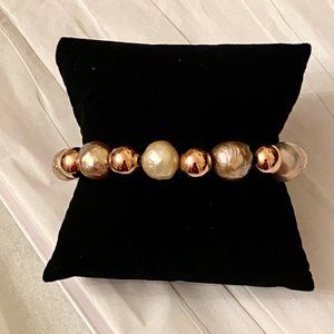 Radiant Honora Ming Pearl and Italian Rose Gold Bronze Bead Bracelet, 6.5"